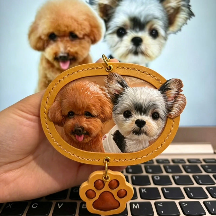 Personalized hand carved leather pet keychain featuring a detailed 3D poodle wearing glasses and a knitted scarf