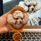 Personalized hand carved leather pet keychain featuring a detailed 3D poodle wearing glasses design