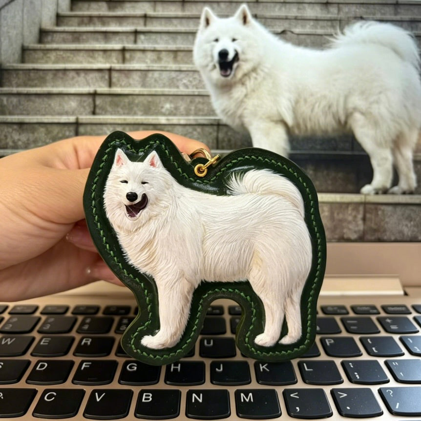 Personalized hand carved leather pet keychain featuring a detailed 3D Samoyed dog relief design