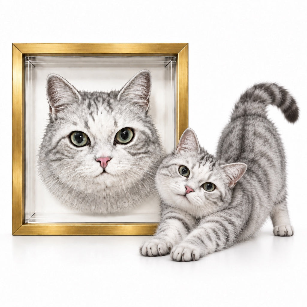Personalized 3D hand-engraved acrylic cat portrait frame shown beside real silver tabby cat comparison.
