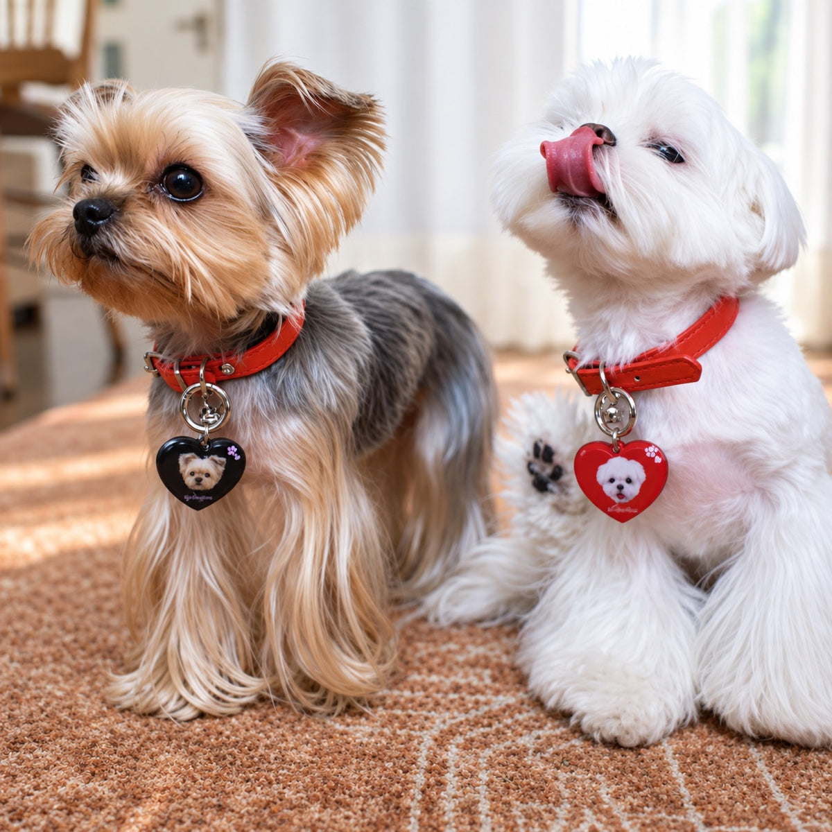 Two small dogs wearing personalized black and red heart-shaped photo ID tags on red collars