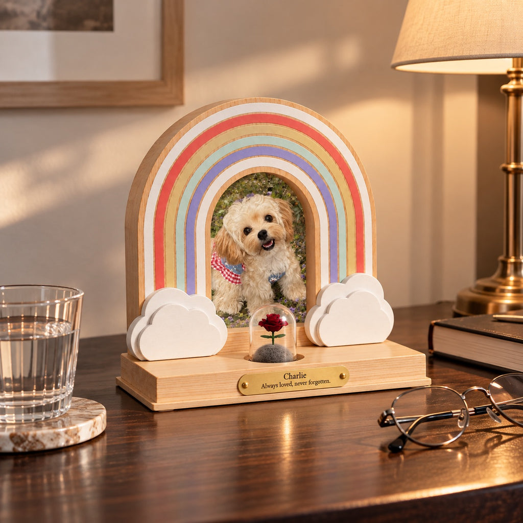 Personalized Rainbow Bridge pet memorial photo display beside books and a lamp