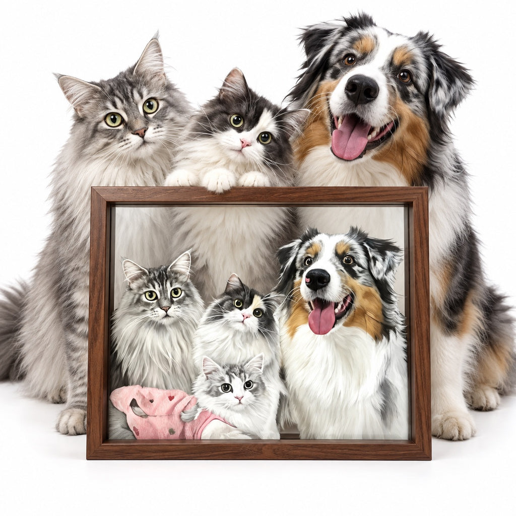 Custom hand-painted pet oil painting portrait in a wooden frame, displayed next to the original pet photo on a digital tablet.