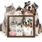 Custom hand-painted pet oil painting portrait in a wooden frame, displayed next to the original pet photo on a digital tablet.