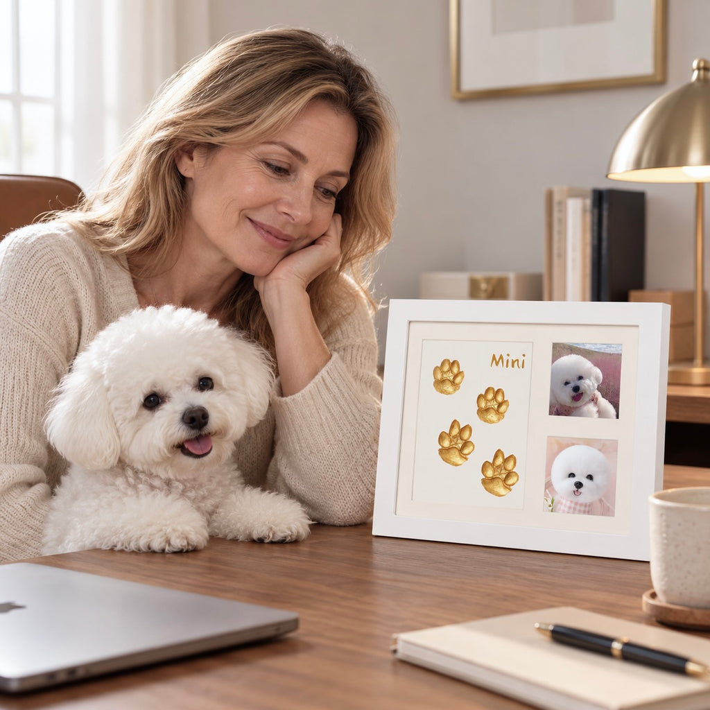 A woman smiling while looking at a personalized pet paw print clay kit frame on a desk, featuring a white dog photo, the name Mini, and textured clay paw prints next to the dog.
