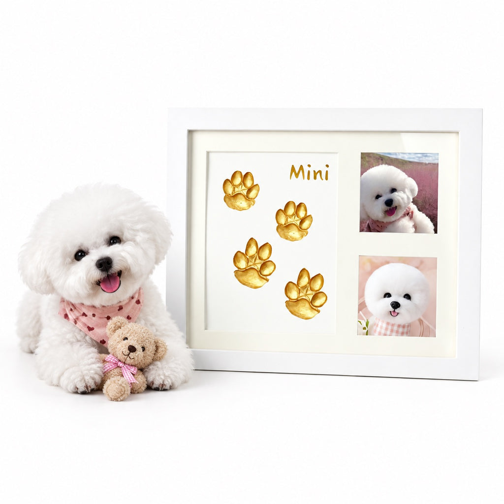 Personalized pet photo and 3D clay paw print keepsake frame displaying a custom dog photo, name Mini, and soft clay impression area.