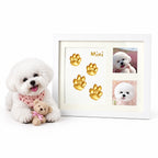 Personalized pet photo and 3D clay paw print keepsake frame displaying a custom dog photo, name Mini, and soft clay impression area.