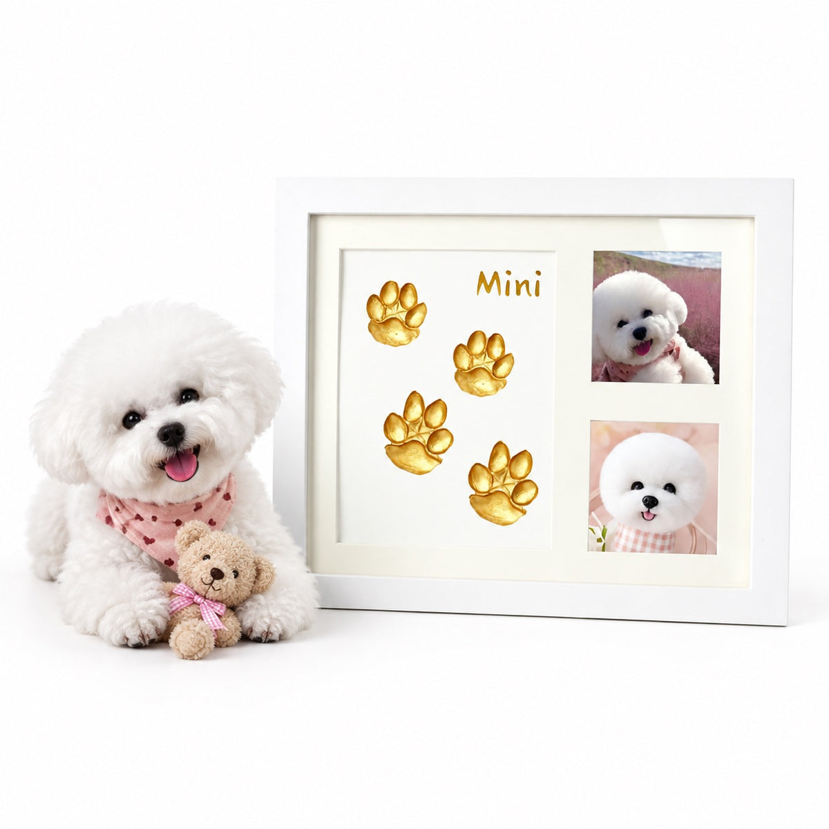 Personalized pet photo and 3D clay paw print keepsake frame displaying a custom dog photo, name Mini, and soft clay impression area.