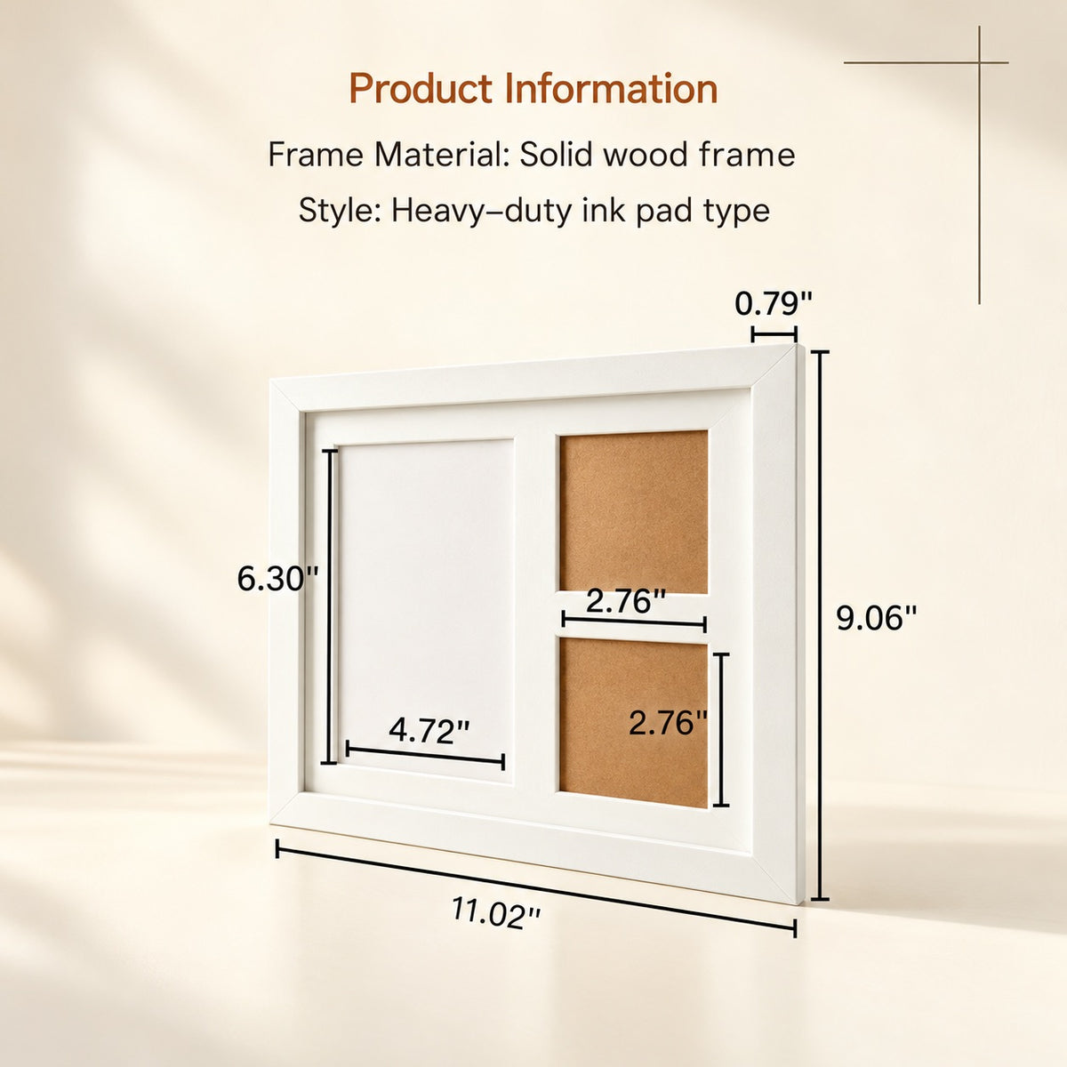 Product size chart and frame dimensions for personalized pet paw print clay kit frame, showing 11.02 by 9.06 inch solid wood frame measurements