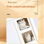 Promotional graphic highlighting free custom pet photo printing service included with personalized pet paw print frame, showing cat photos inside frame