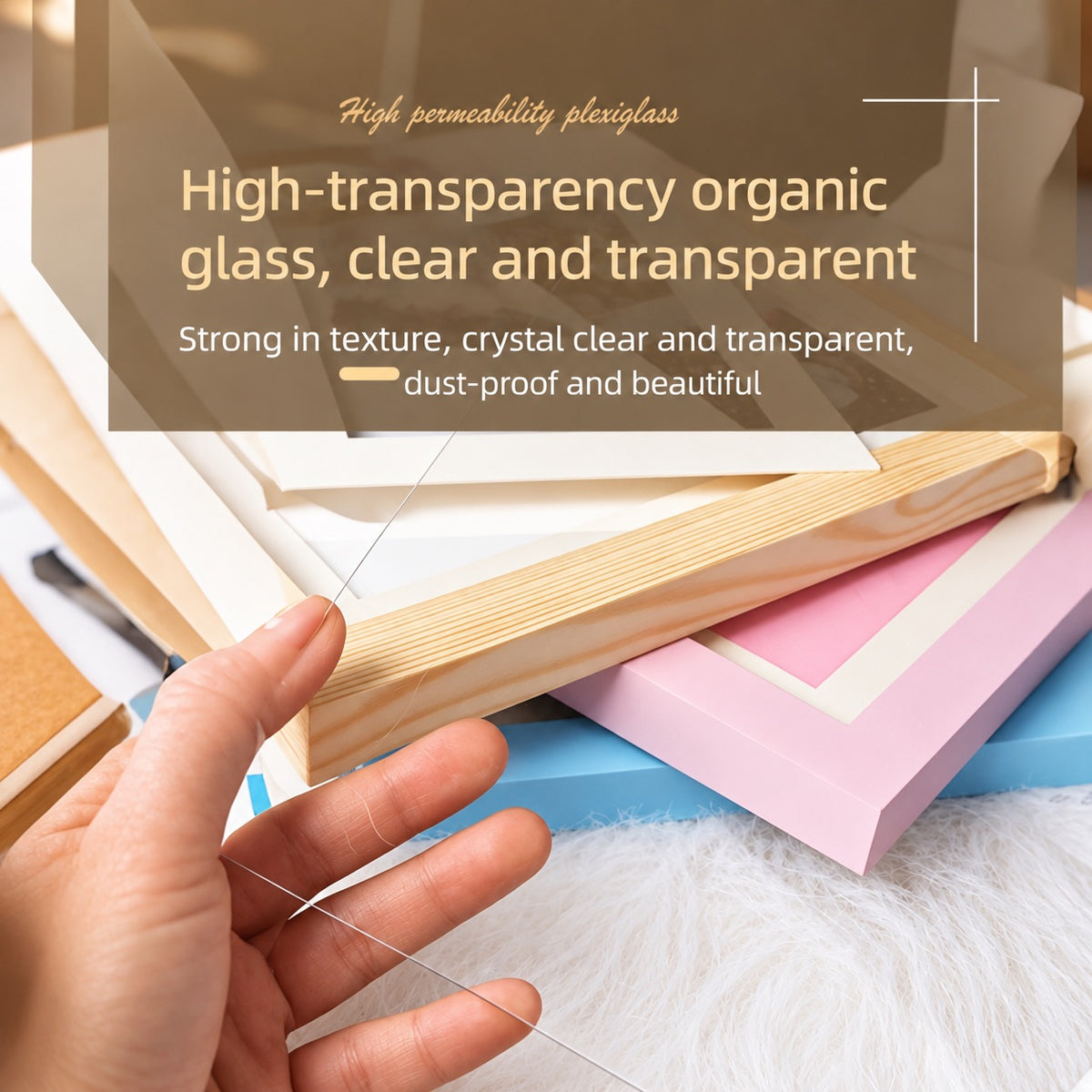 Hand holding high-transparency organic glass for personalized pet paw print clay frame, showing crystal clear and dust-proof plexiglass cover