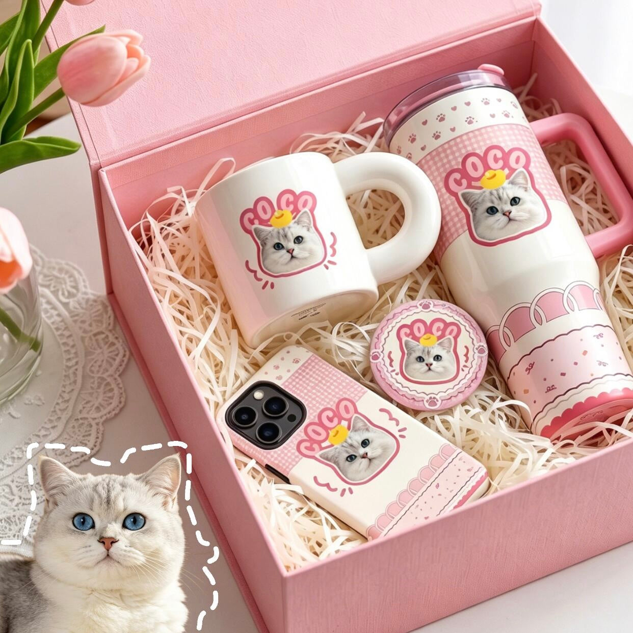 Personalized pet photo gift box including a custom pet portrait coffee mug, travel tumbler, and matching phone case created from a pet's picture.