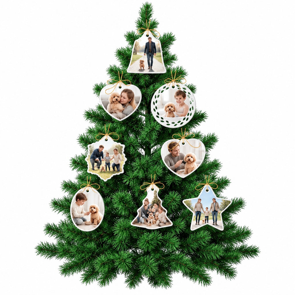 Ceramic photo ornaments in heart, oval, star, bell, tree, snowflake, and cutout round shapes hanging on a Christmas tree