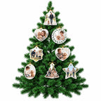 Ceramic photo ornaments in heart, oval, star, bell, tree, snowflake, and cutout round shapes hanging on a Christmas tree
