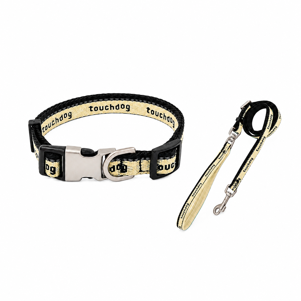 Beige and black striped personalized engraved dog collar with matching reflective leash for night walking safety.