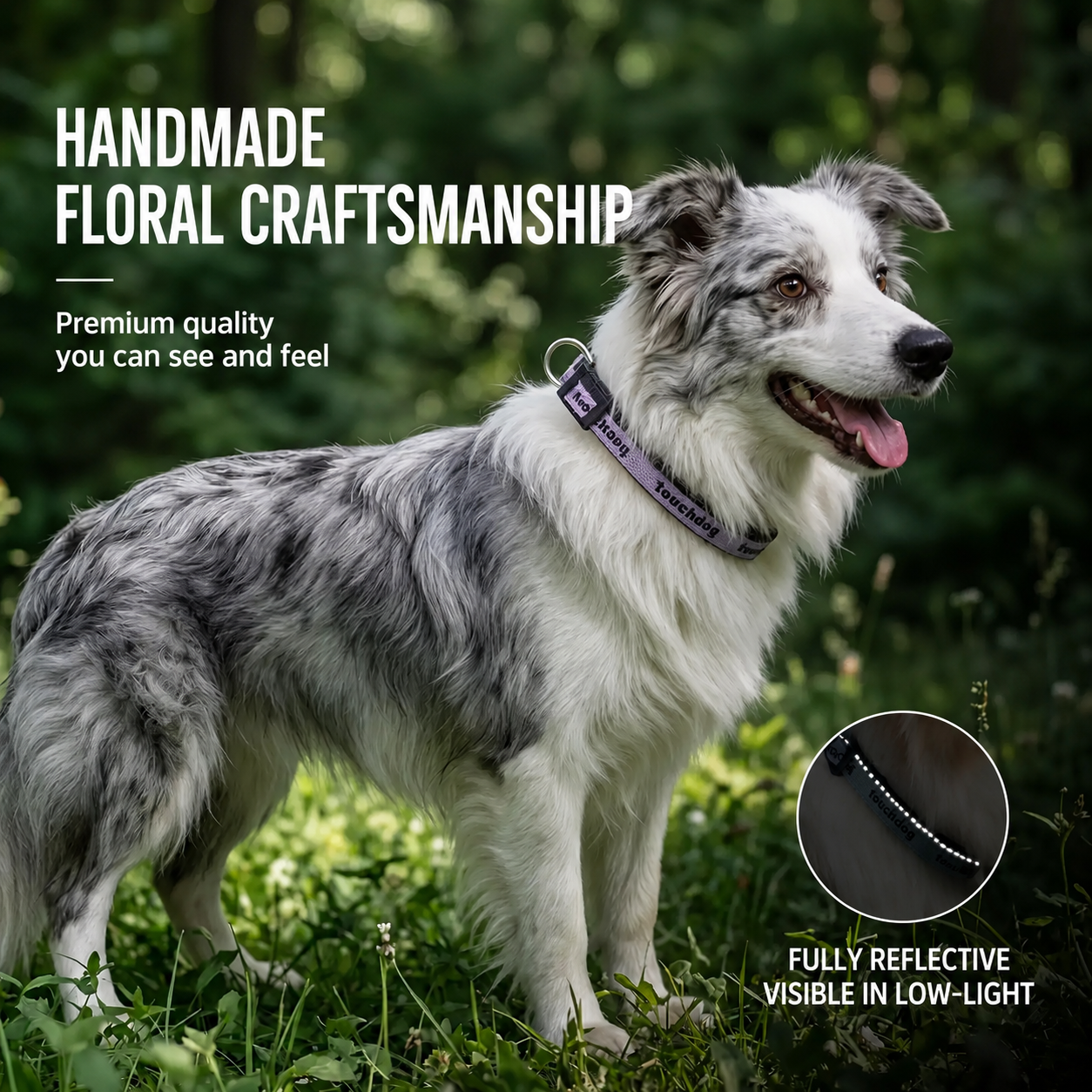 Blue merle Border Collie wearing a personalized engraved reflective dog collar for night walking safety.