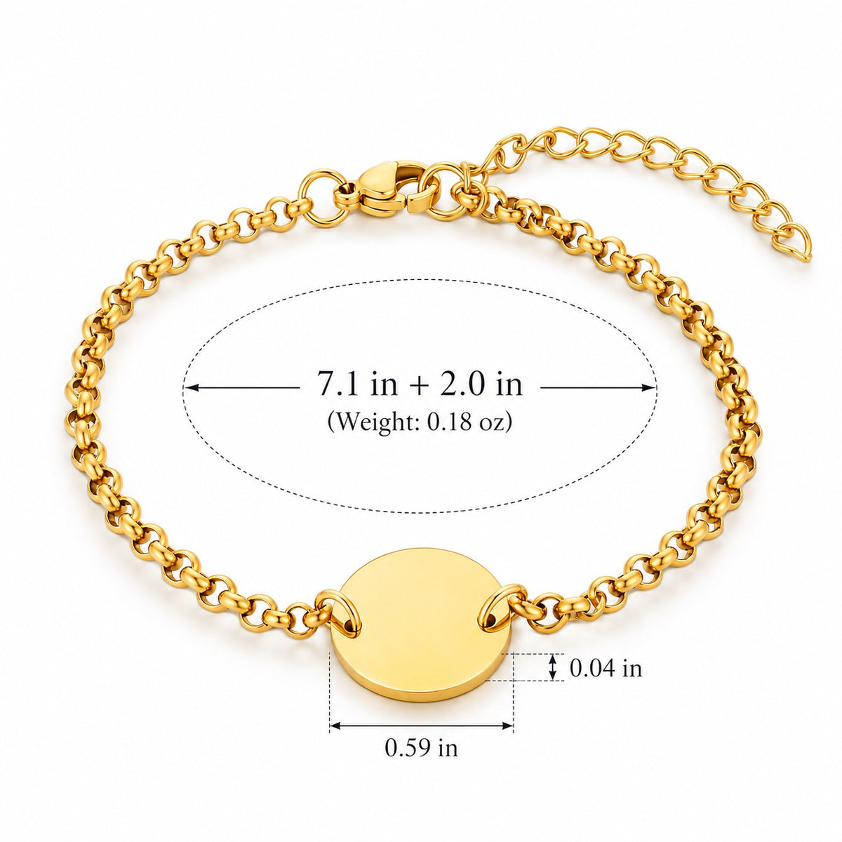 Size guide for a gold-tone round charm bracelet with extension chain, disc dimensions and weight