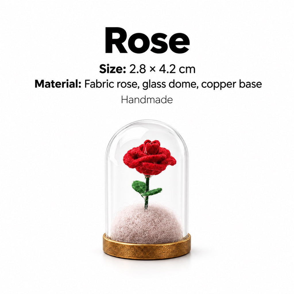 Miniature red fabric rose keepsake under a clear dome with a copper-tone base and size details