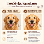 Golden dog photo compared with an illustrated portrait in a design-style reference graphic