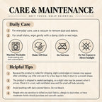 Care reference graphic showing washing, no ironing, no direct sunlight and unpacking instructions
