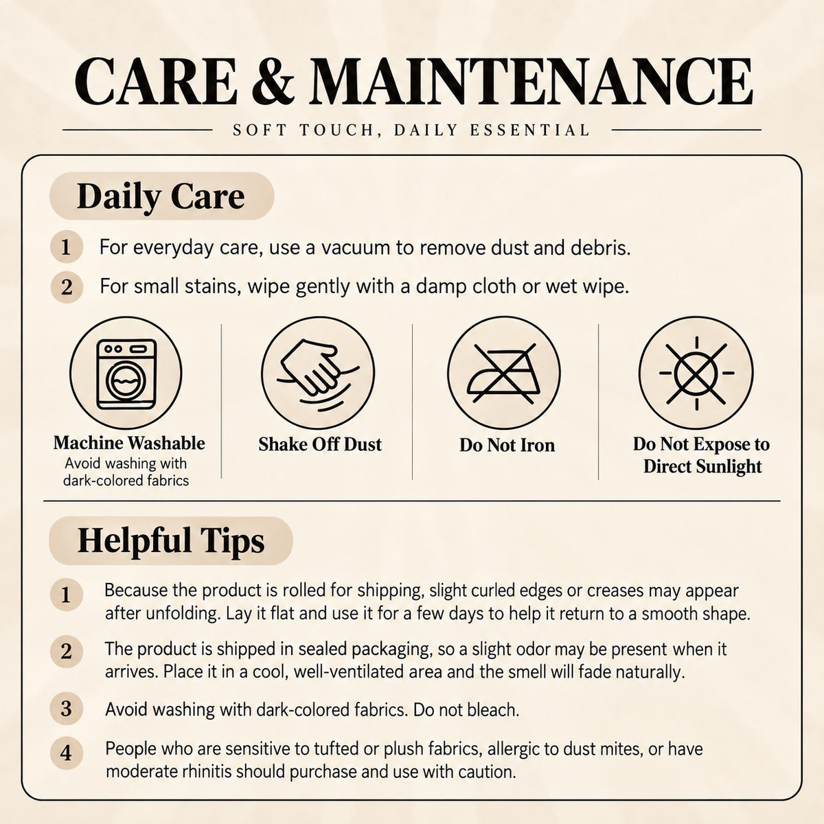 Care reference graphic showing washing, no ironing, no direct sunlight and unpacking instructions