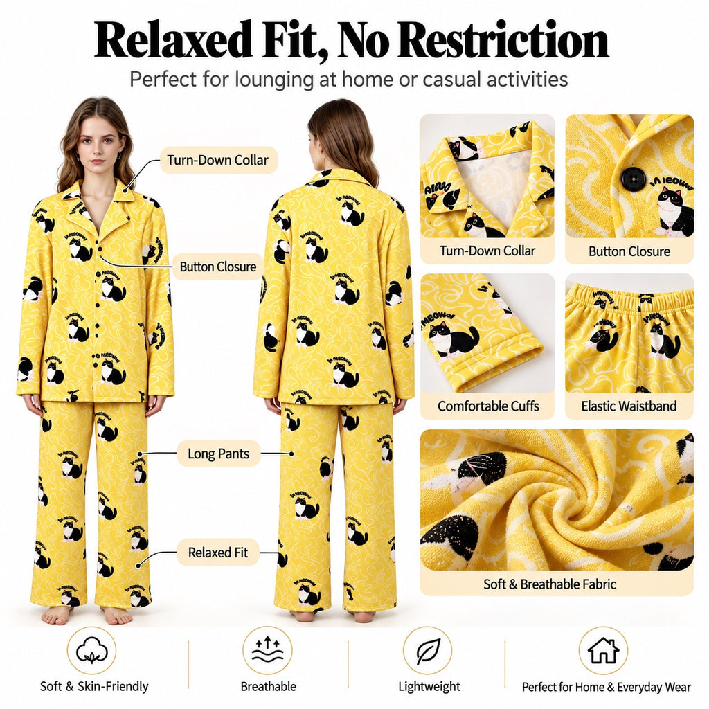 Front and back pajama views with collar, buttons, cuffs, elastic waistband and long-pants details