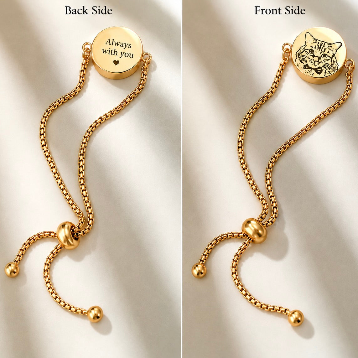 Gold bracelet showing a pet portrait on the front and a short memorial message on the back