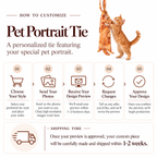 Pet Portrait Tie customization guide showing five steps from choosing a style and sending pet photos to approving the design and shipping.