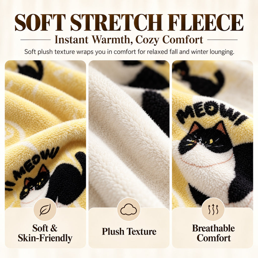 Close-up of yellow cat-print stretch fleece and the light-colored inner fabric