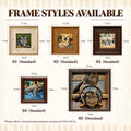 Five frame options with outer-frame and artwork-opening measurements for custom pet relief portraits