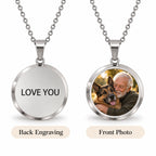 Personalized necklace with a custom front photo and short message engraved on the reverse