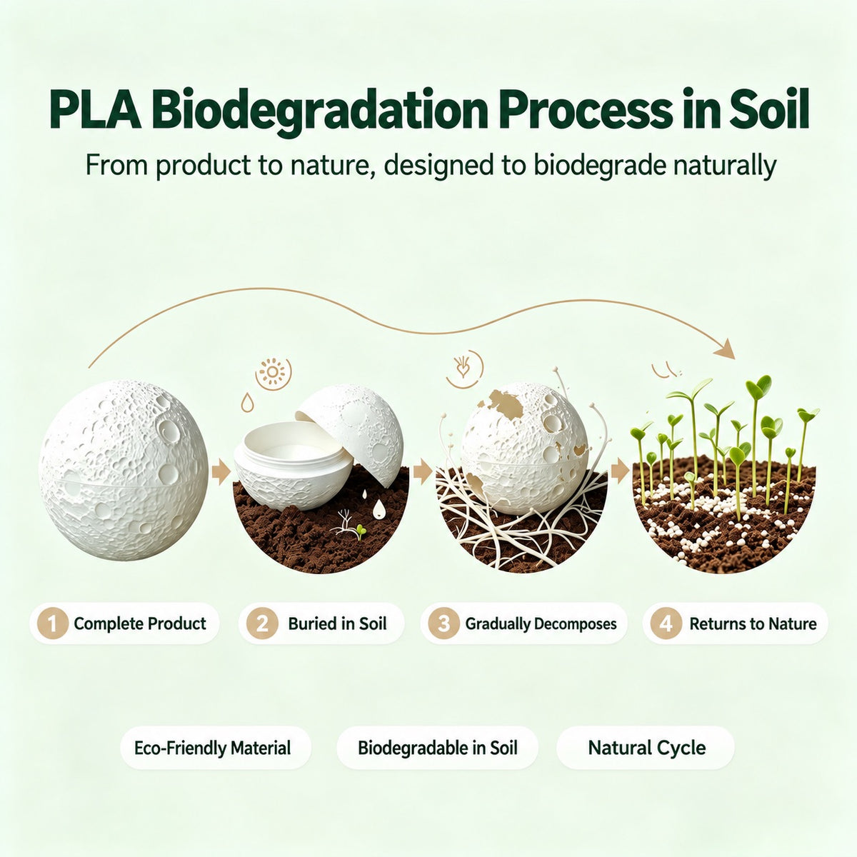 Four-stage illustration of a PLA pet urn placed in soil and gradually breaking down under suitable conditions