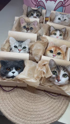 A video showcasing a collection of hyper-realistic needle felted cat head charms individually packaged in mini gift boxes. Featuring lifelike details of tabby, ginger, and British Shorthair cats, perfect as custom pet memorial gifts and unique handmade keychains for cat lovers.