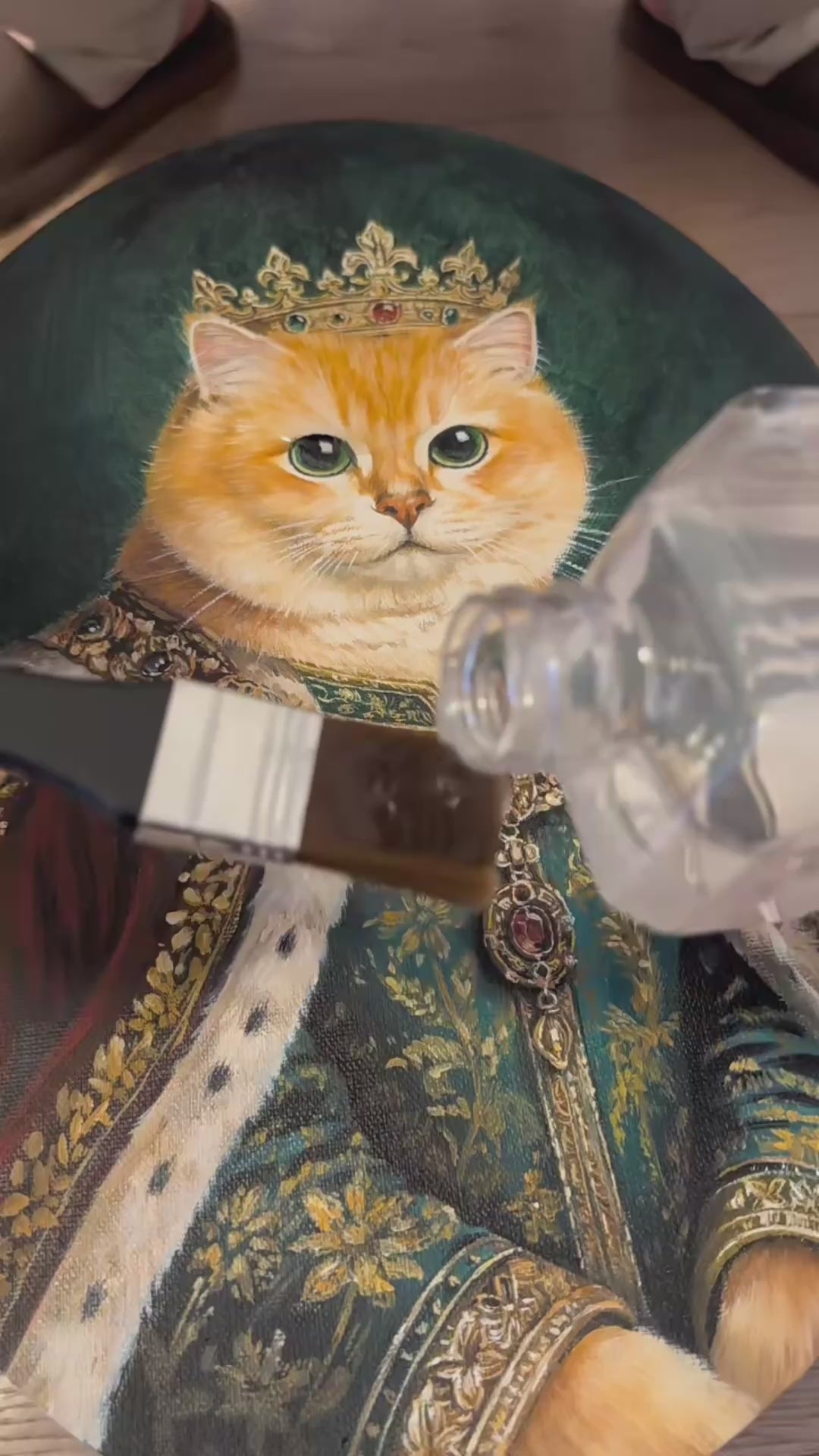 Video showcasing the rich oil-painting texture and detailed brushstrokes of a custom royal orange cat portrait, a luxury Renaissance masterpiece by Memopaw.Custom pet portrait from photo in vintage oil painting style