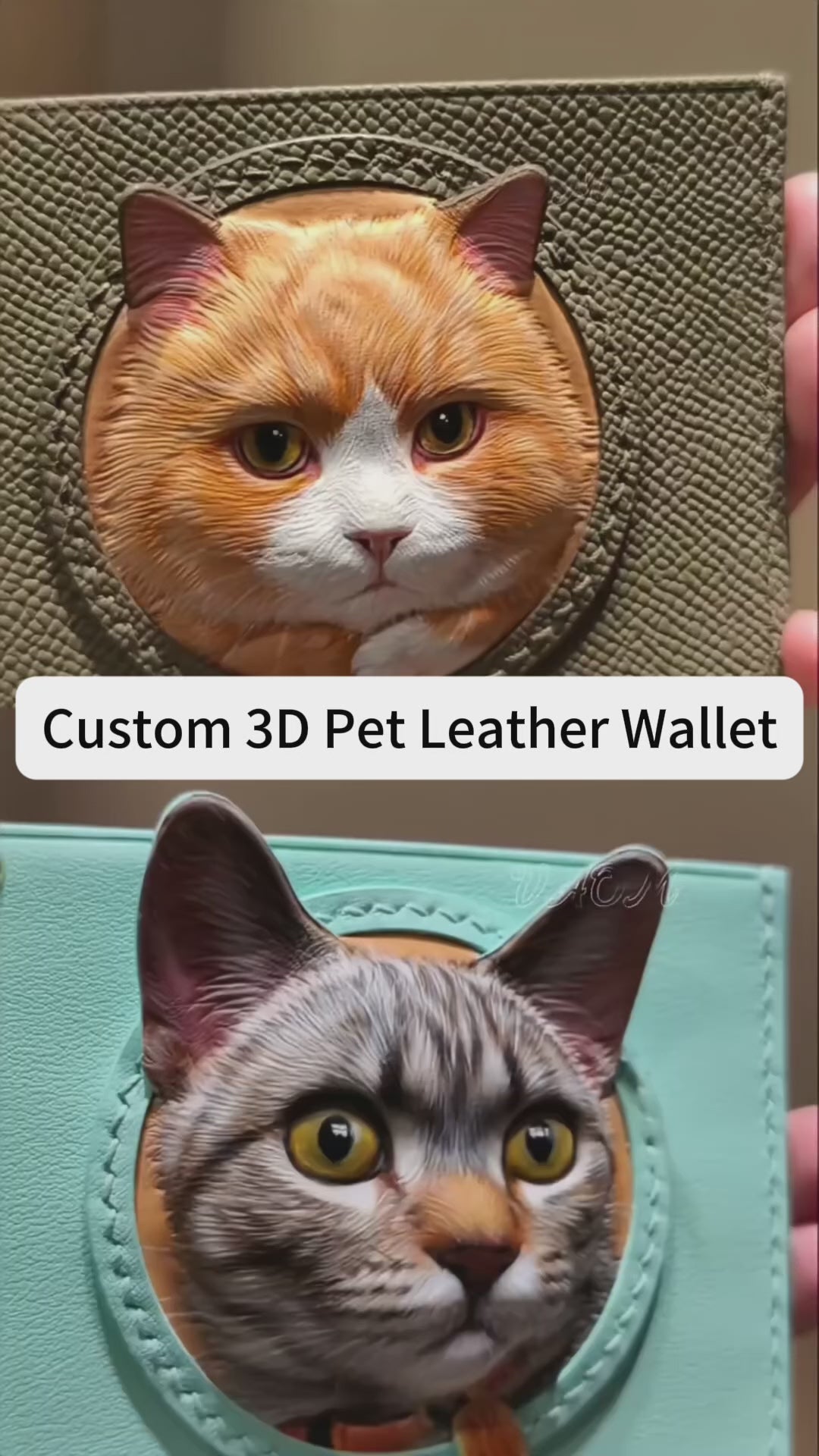 A video showcasing custom 3D pet leather wallets in taupe and mint green. Features highly detailed, hand-carved, and painted embossed portraits of an orange cat and a tabby cat on slim leather card holders. Perfect as a personalized gift for cat owners and unique pet memorial keepsakes.