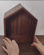 Video demonstrating a luxury house-shaped walnut pet memorial display stand and home altar station for dogs and cats, handcrafted by Memopaw.