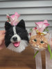 Custom needle felted pet portrait lapel pins and bouquet charms featuring a border collie and tabby cat for weddings.