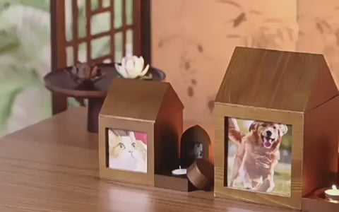 Video showcasing two house-shaped solid wood pet memorial altars with dog and cat photo displays, premium urn keepsake boxes by Memopaw.