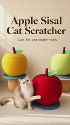 A promotional video showcasing the aesthetic apple sisal cat scratcher in red, yellow, and green. Indoor cat rubbing against an apple-shaped scratcher