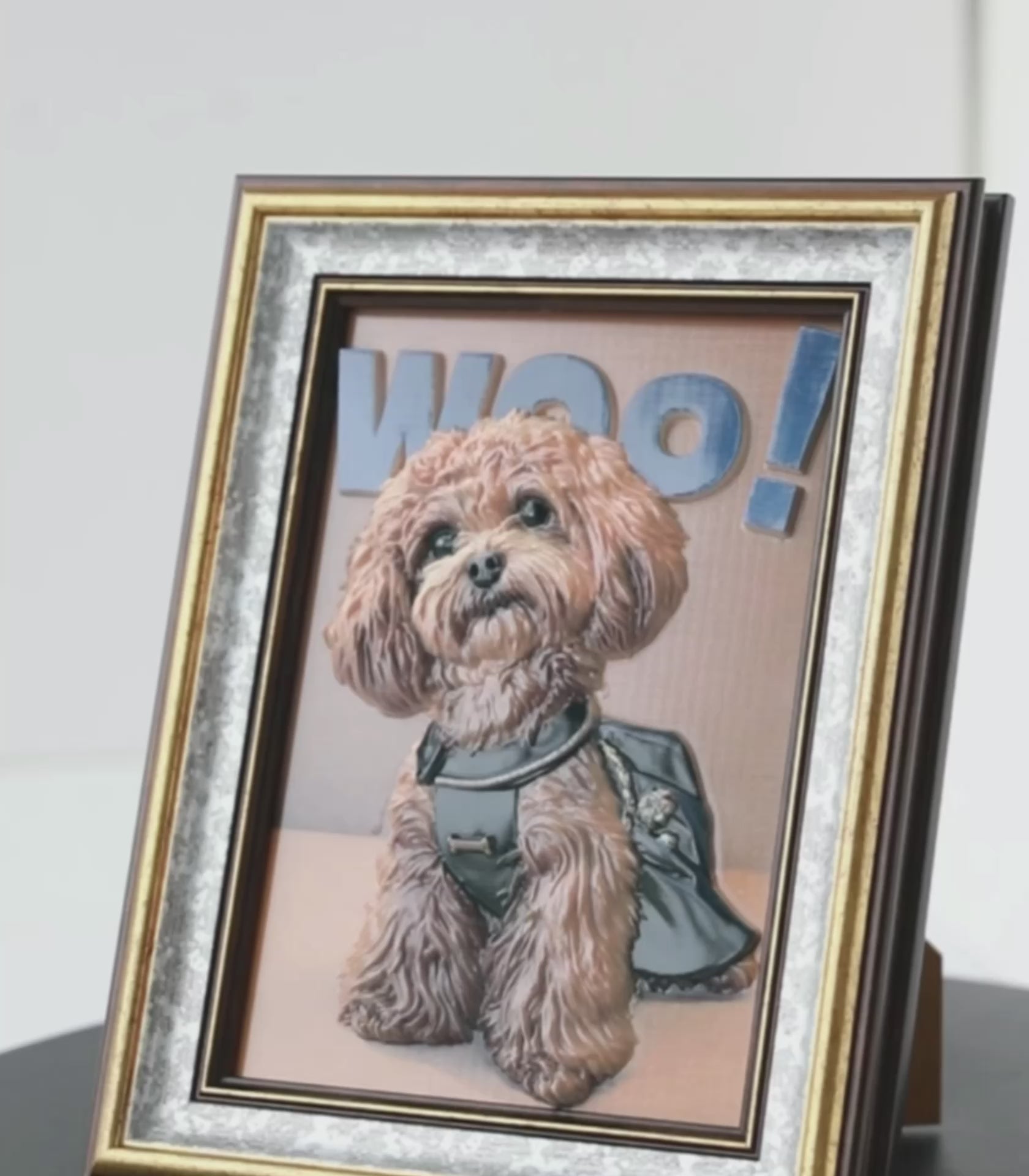 Close-up video preview of a bespoke luxury 3D pet relief sculpture frame, a comforting and unique pet memorial gift for dog or cat loss.Custom dog cat and owner relief portrait from photo