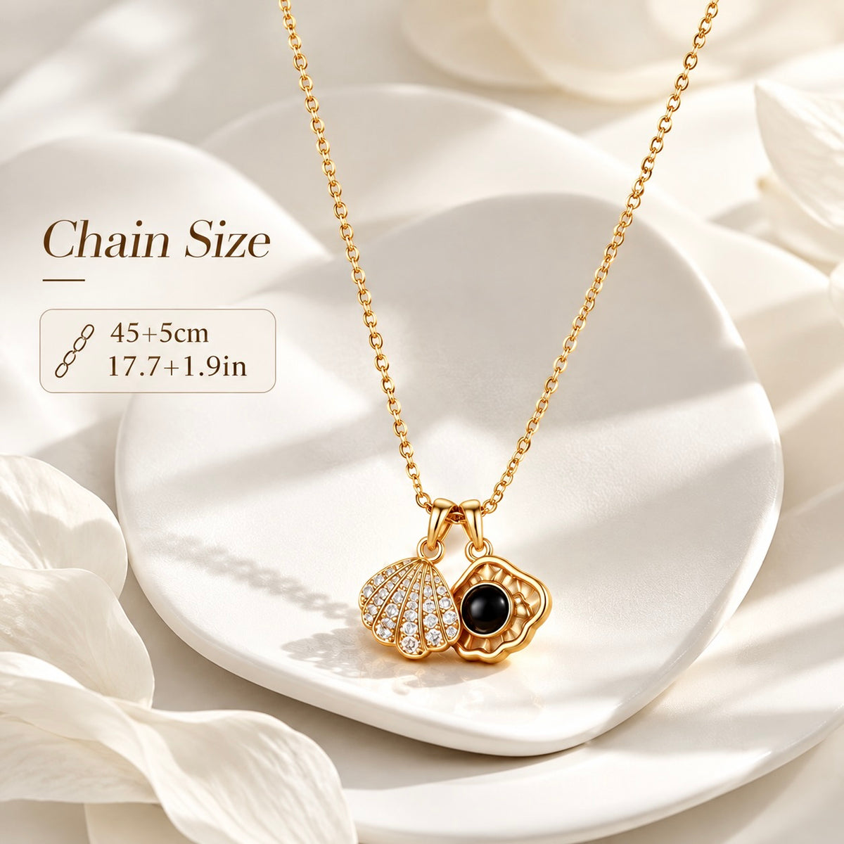 Gold-tone projection shell necklace with 17.7 inch chain and 1.9 inch extender