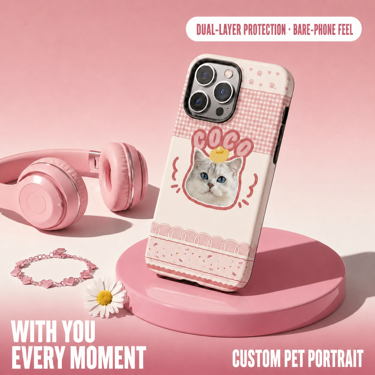 An infographic for a protective custom cat phone case showcasing dual-layer protection and a bare-phone feel, featuring a personalized cat illustration named COCO on a pink checkered phone cover.