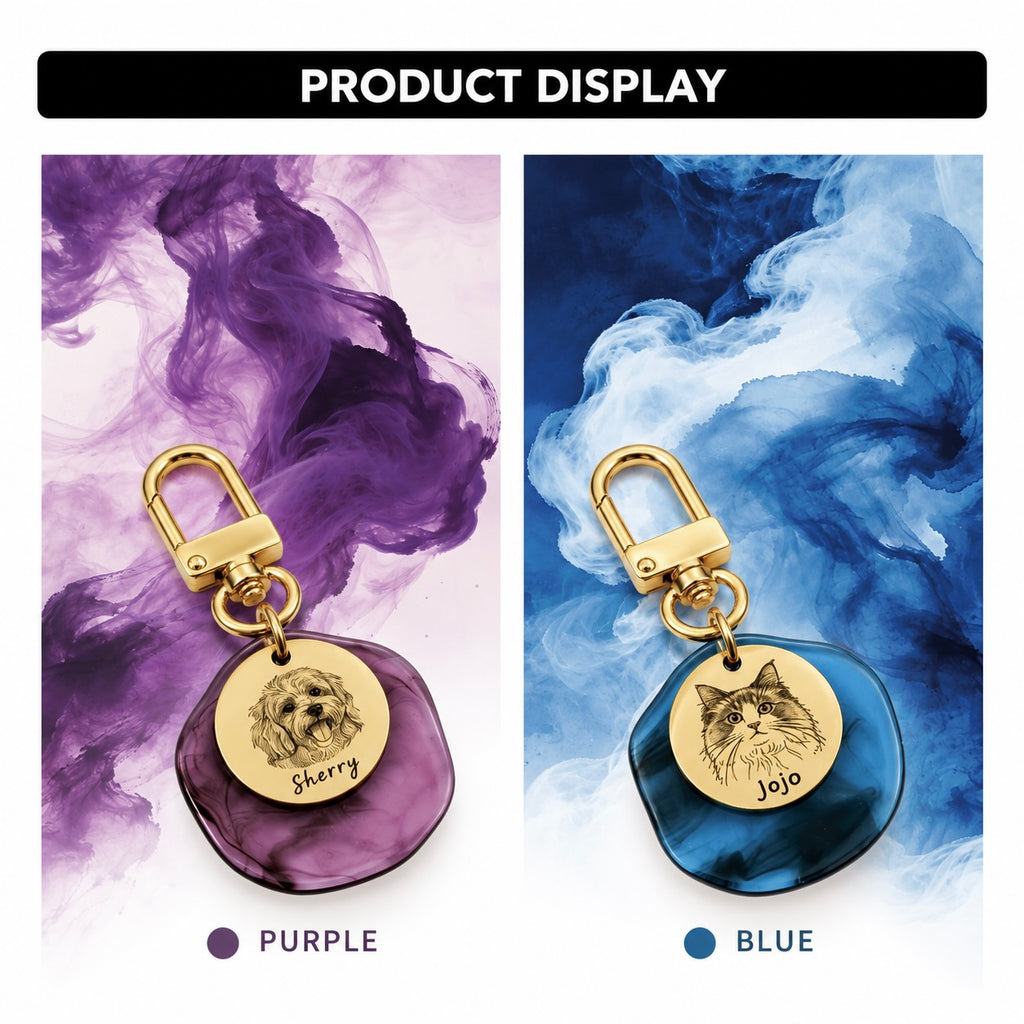 Purple and blue double-layer pet portrait tags with gold-tone clasps and engraved pet names