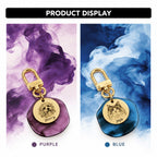 Purple and blue double-layer pet portrait tags with gold-tone clasps and engraved pet names