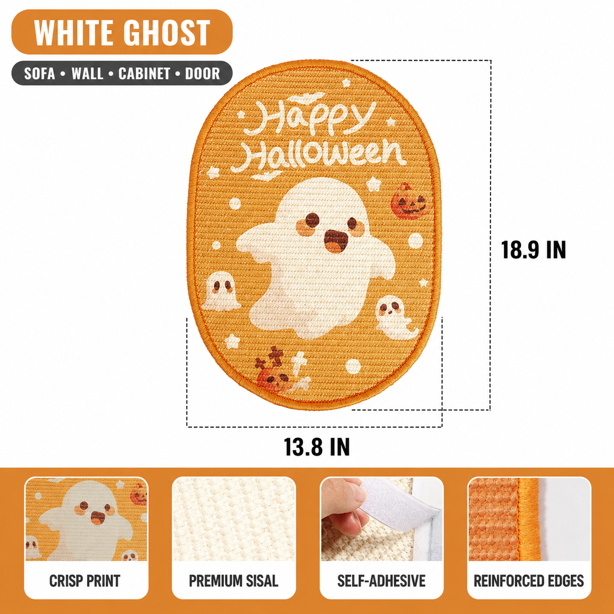 Product specifications for a purple pumpkin Halloween cat scratching board featuring a spooky ghost design, highlighting its crisp print, premium sisal texture, self-adhesive peel and stick backing, and reinforced edges.