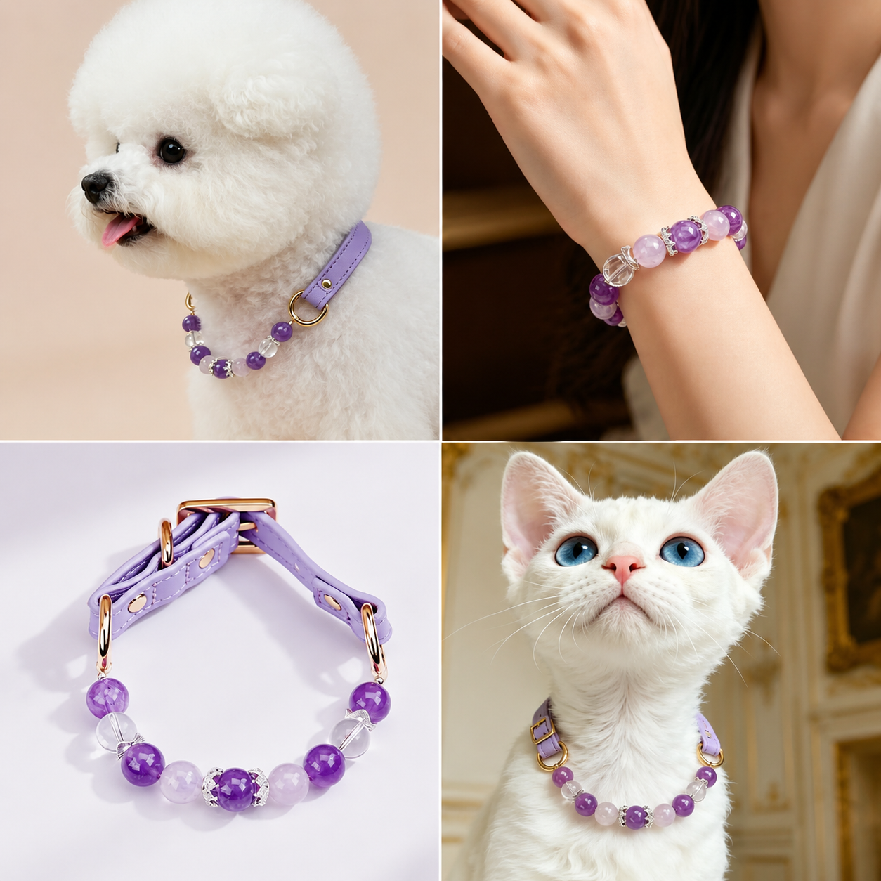 Purple crystal pet collar with gold hardware matching jewelry gift for dog moms