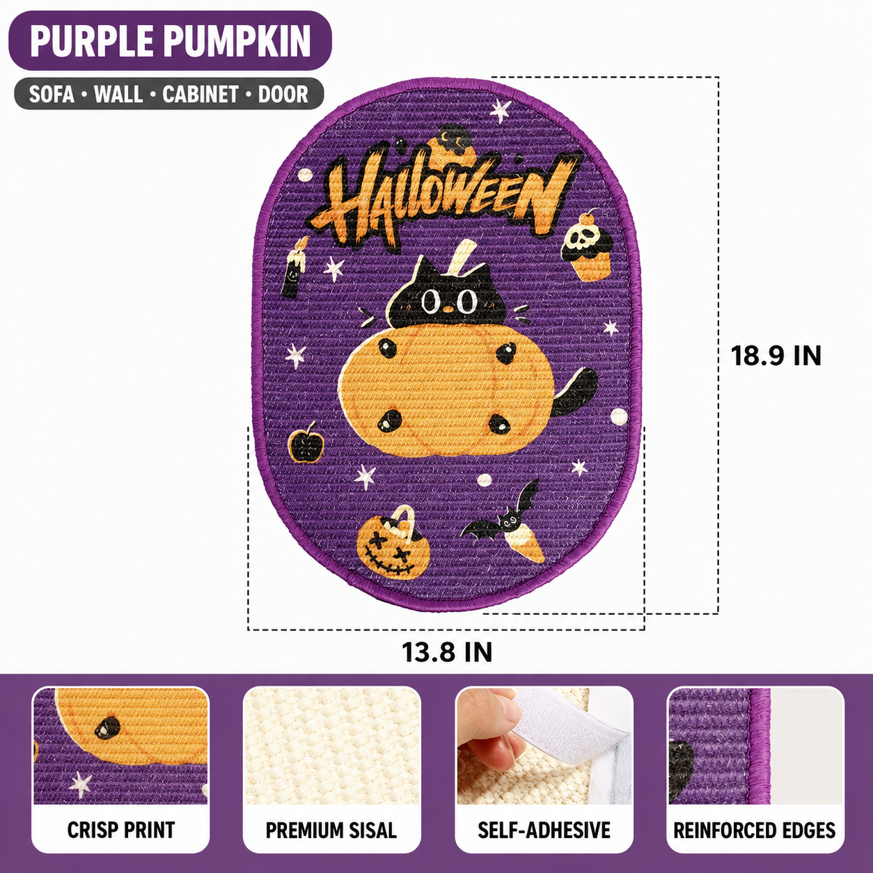 An infographic size chart for the purple pumpkin Halloween cat scratcher, showing dimensions of 18.9 inches height by 13.8 inches width, labeled for use on sofa, wall, cabinet, and door.