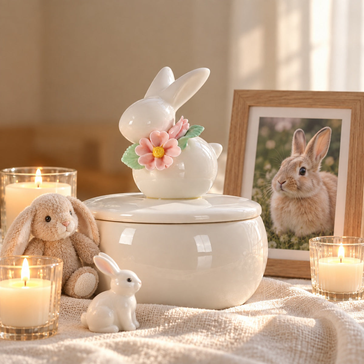 Floral ceramic rabbit memorial urn displayed with a framed rabbit photo, plush rabbit, small figurine and memorial candles