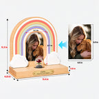 Size guide for the Rainbow Bridge pet memorial display and 4 by 6 inch portrait photo