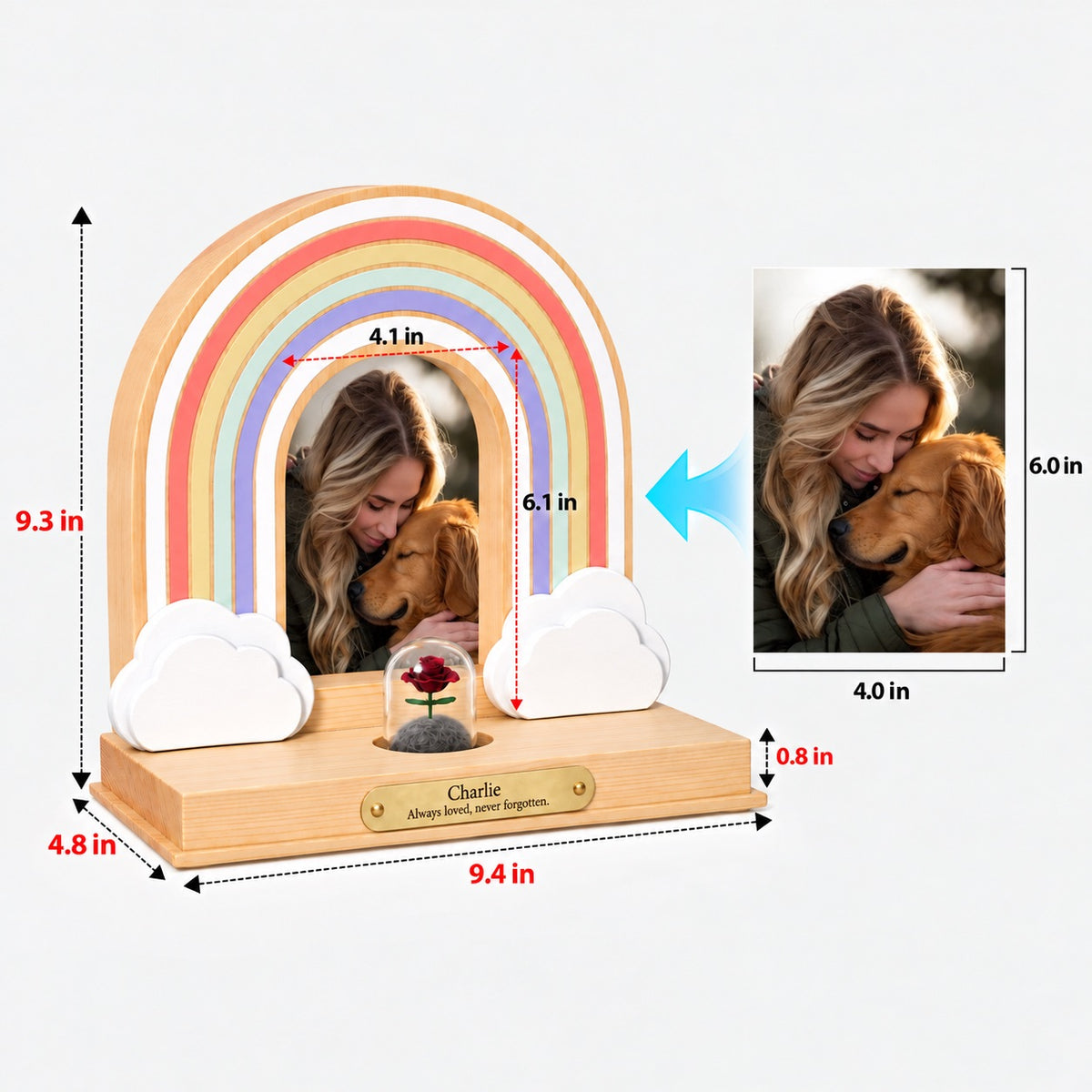 Size guide for the Rainbow Bridge pet memorial display and 4 by 6 inch portrait photo